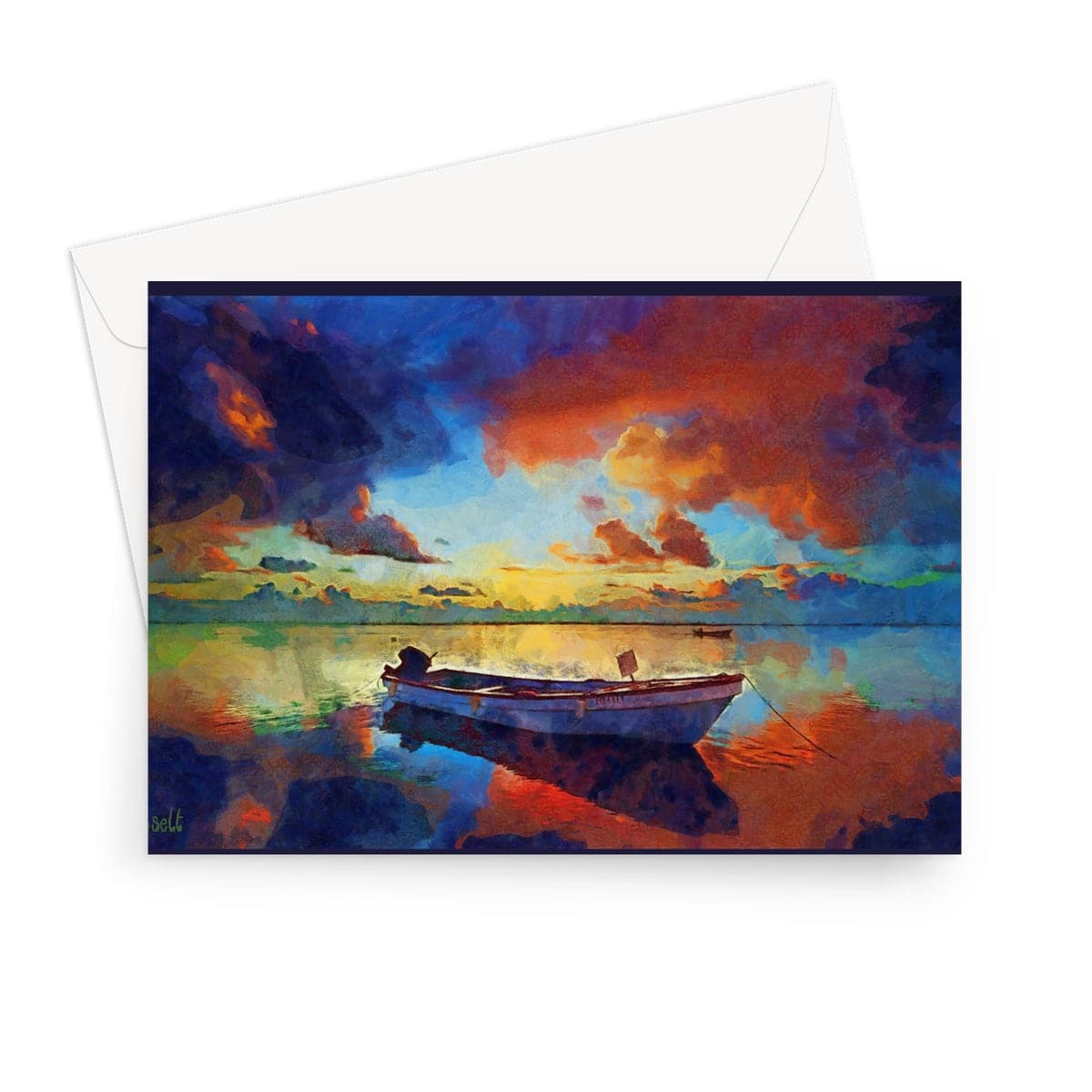 Boat at Orange Dawn in Lake Greeting Card