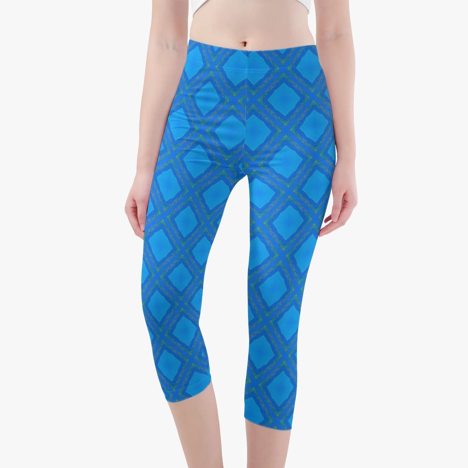 Skinny Fit Summer Lake Blue, square patterned Stylish 3/4 Yoga Leggings by Sensus Studio Design