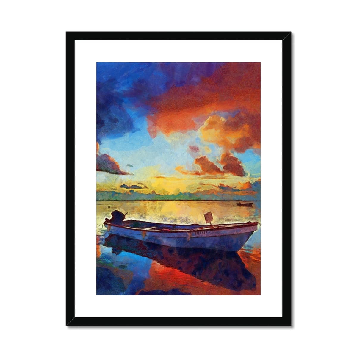 Boat at Orange Dawn in Lake Framed & Mounted Print