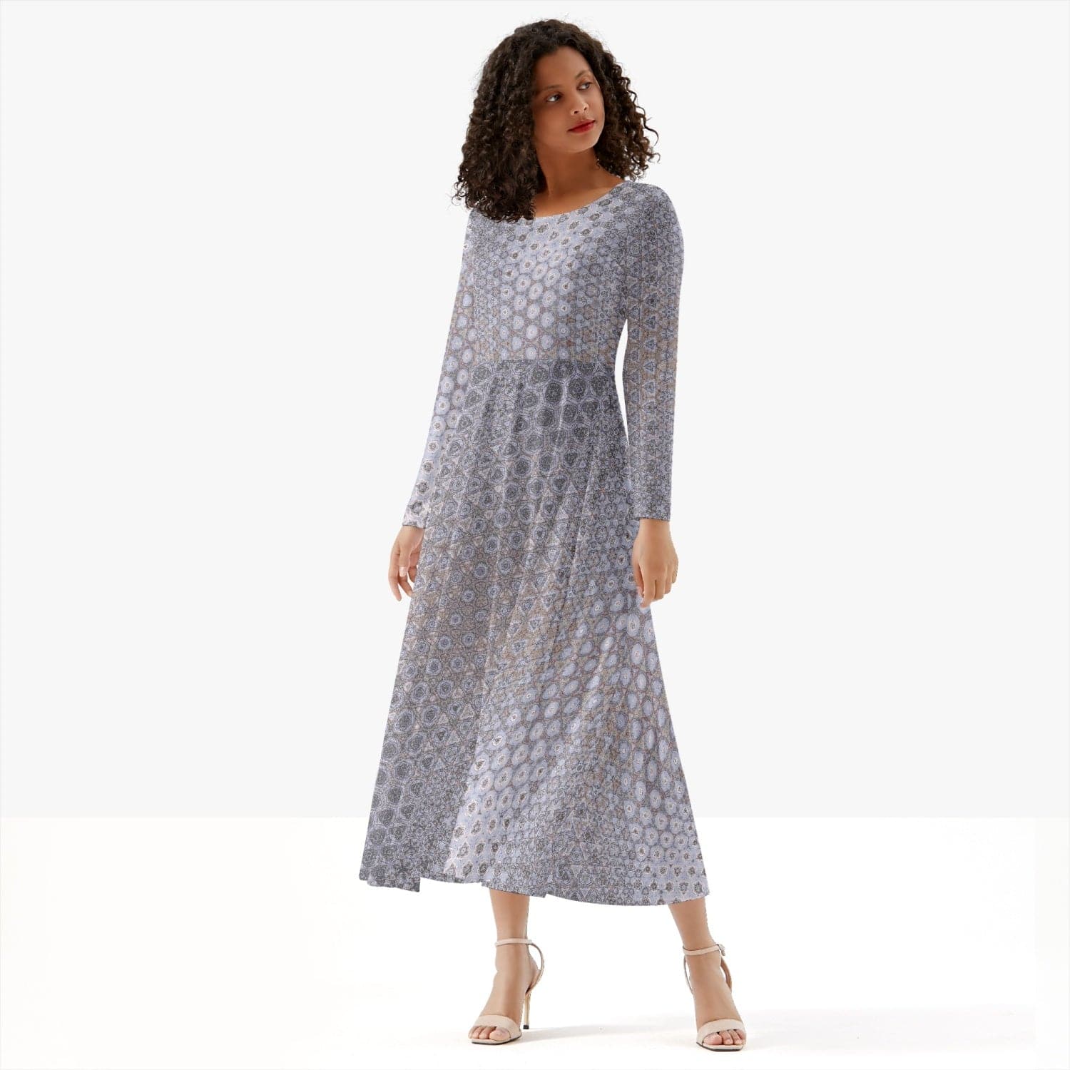 Soft Lila, grey fine patterned exclusively designed Women's Long-Sleeve One-piece Dress, by Sensus Studio Design
