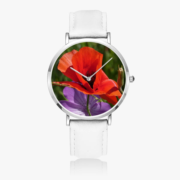 Red Poppy. Ultra-Thin Leather Strap Quartz Watch (Silver) Designer watch by Ingrid Hütten.