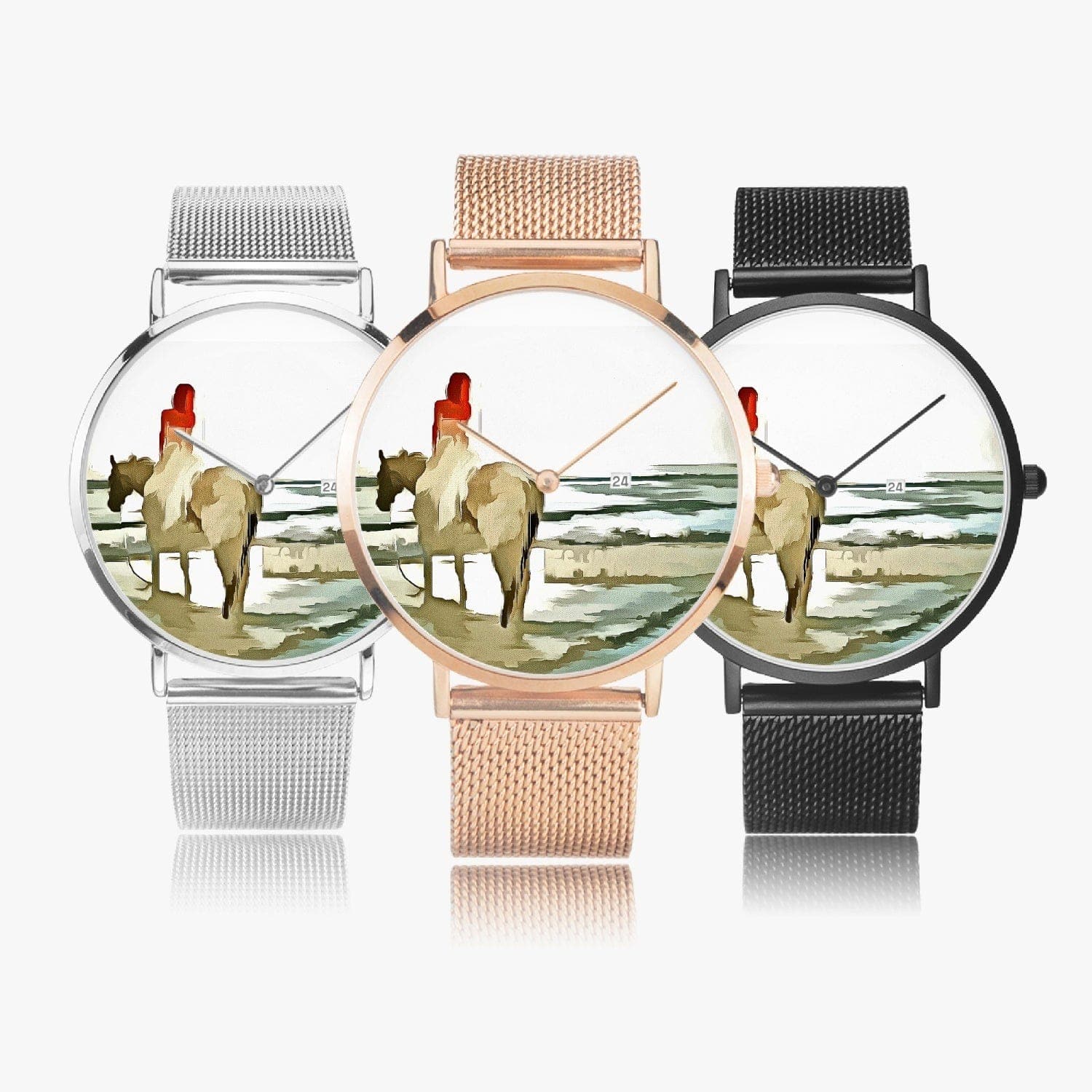 Horseback Ride on the Beach Stainless Steel Perpetual Calendar Quartz. Designer watch by Sensus Studio