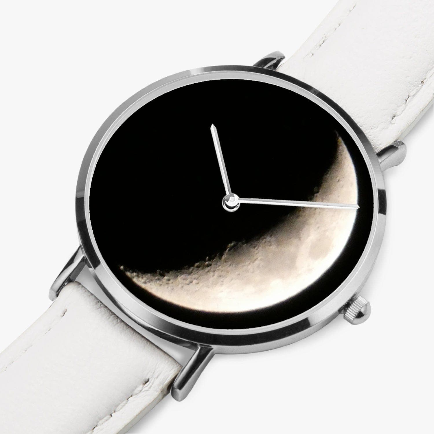 New Moon. Ultra-Thin Leather Strap Quartz Watch (Silver). Designer watch by Ingrid Hüttten