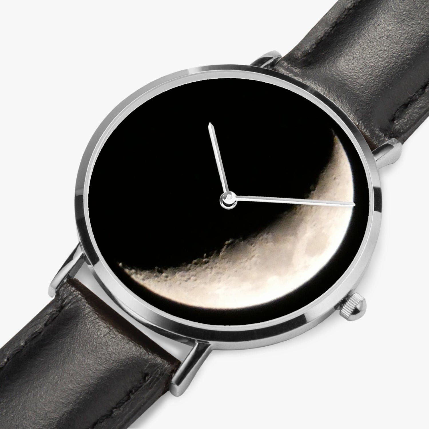 New Moon. Ultra-Thin Leather Strap Quartz Watch (Silver). Designer watch by Ingrid Hüttten
