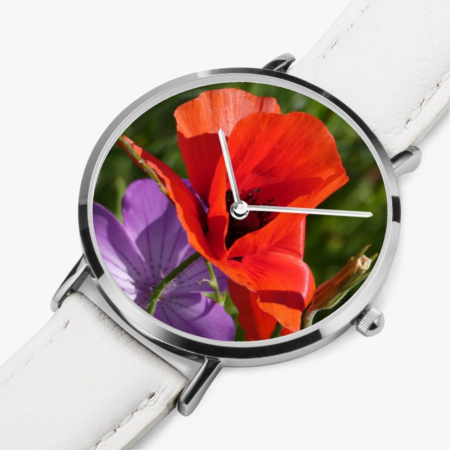 Red Poppy. Ultra-Thin Leather Strap Quartz Watch (Silver) Designer watch by Ingrid Hütten.