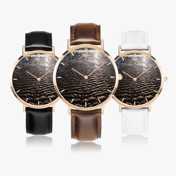 Sand relief, Hot Selling Ultra-Thin Leather Strap Quartz Watch (Rose Gold With Indicators)  Designer watch by Sensus Studio