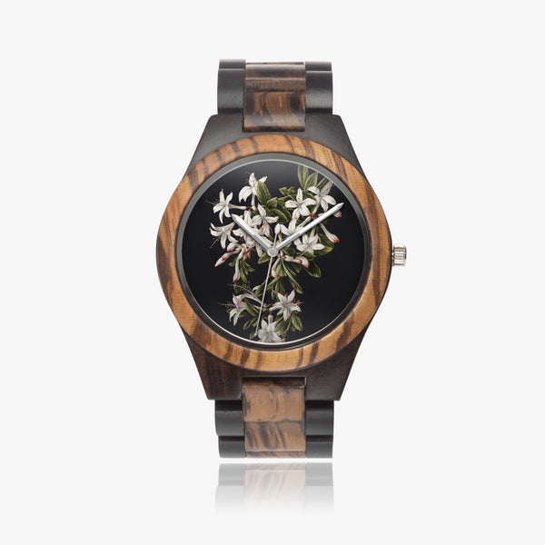 White flowers in an Ebony Wooden Watch, by Sensus Studio Design