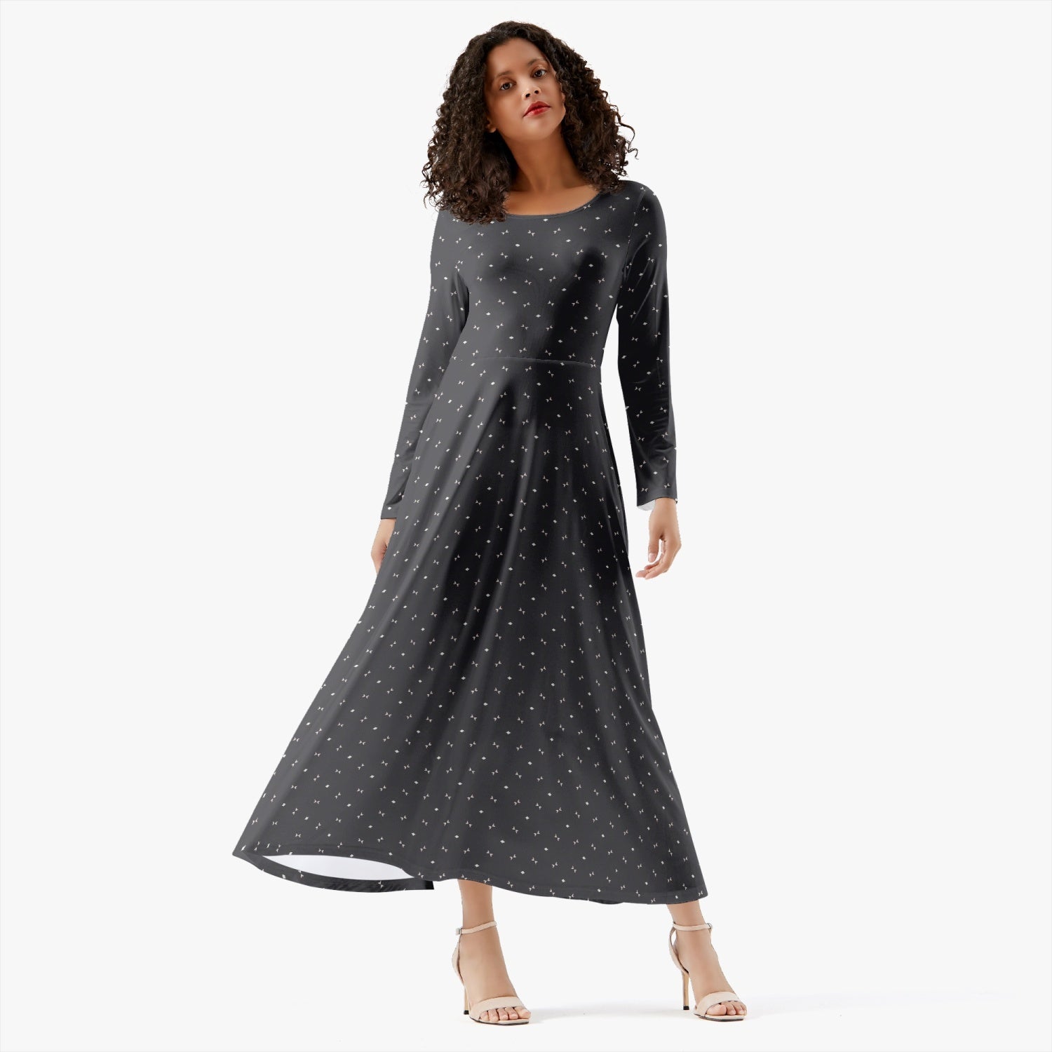 White spots on Black stylish autumn 2022 Women's Long-Sleeve One-piece Dress, by Sensus Studio Design