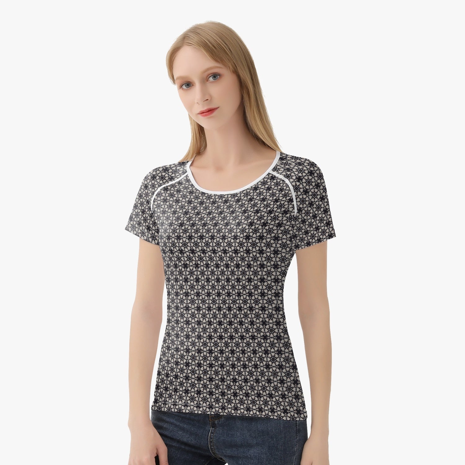 White lilie on Black,Handmade  Women T-shirt, Yoga top, by Sensus Studio Design