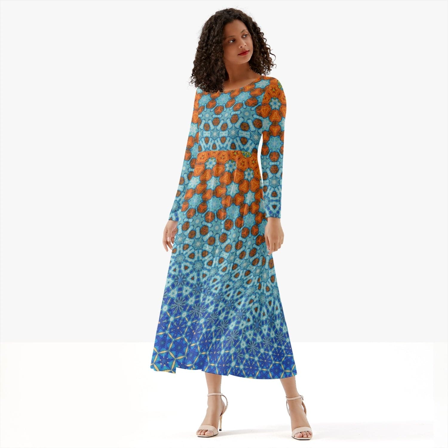 Orange and Blue Joy! trendy 2022  Women's Long-Sleeve One-piece Dress, by Sensus Studio Design