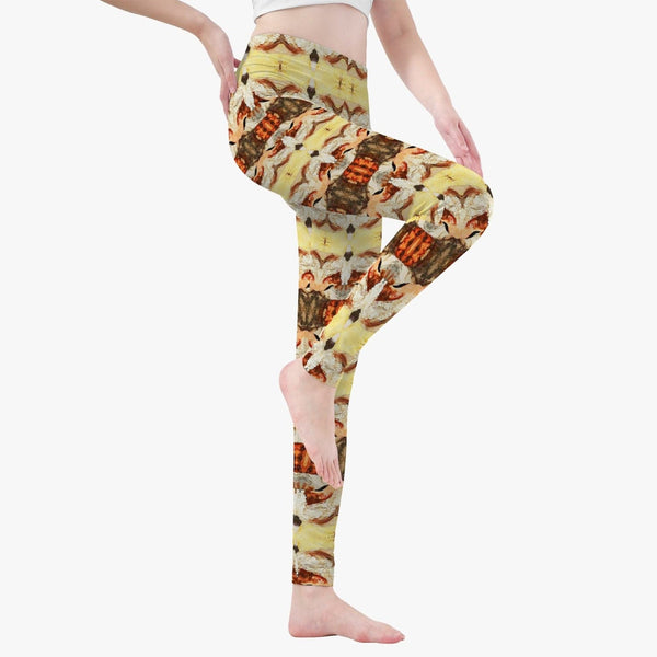 White Dove with Black Head Yellow Multi Patterned Yoga Pants/Leggings for Women, by Sensus Studio Design