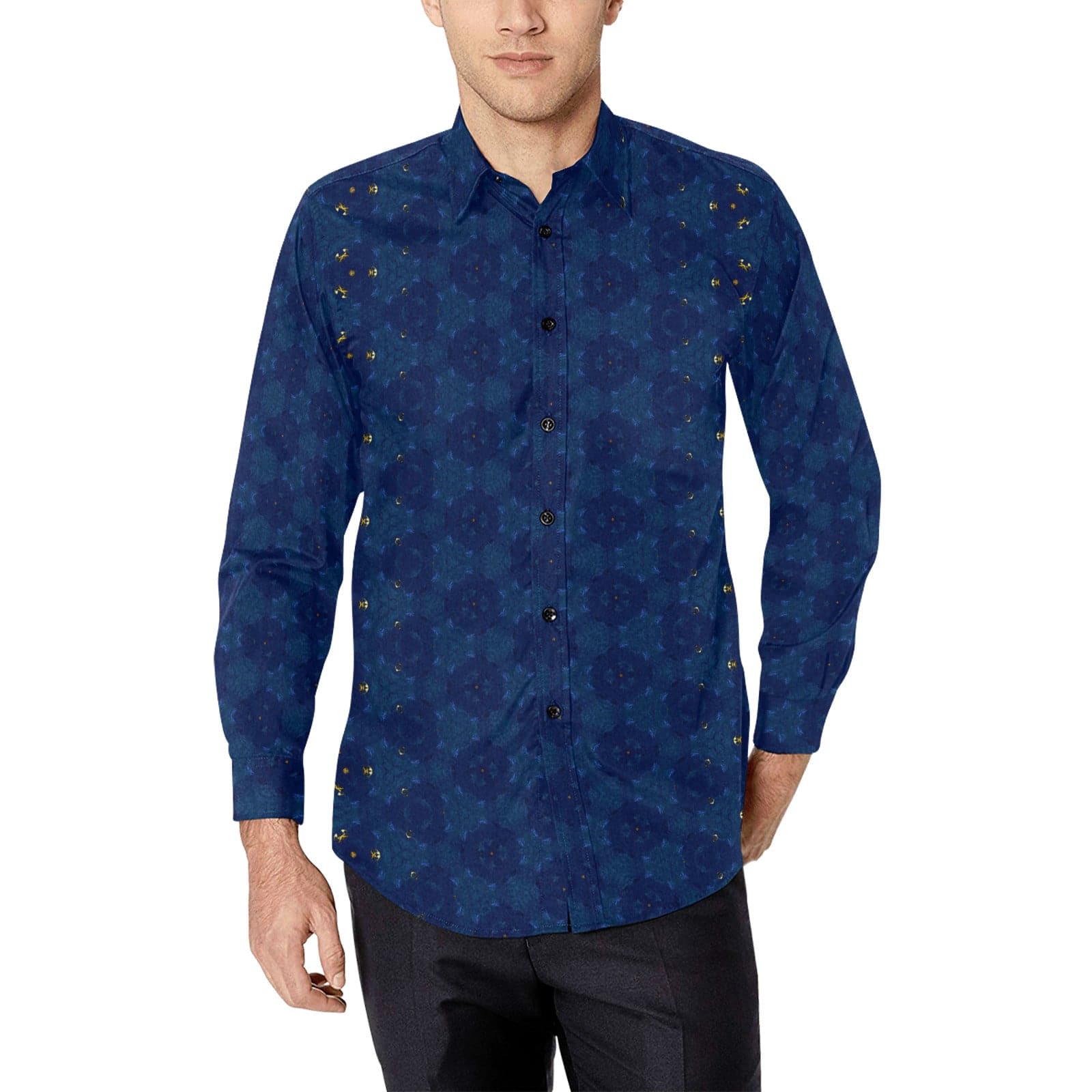Dark Blue Gold Sparkled on the Side Party Shirt for Men Long Sleeve Shirt (Without Pocket)