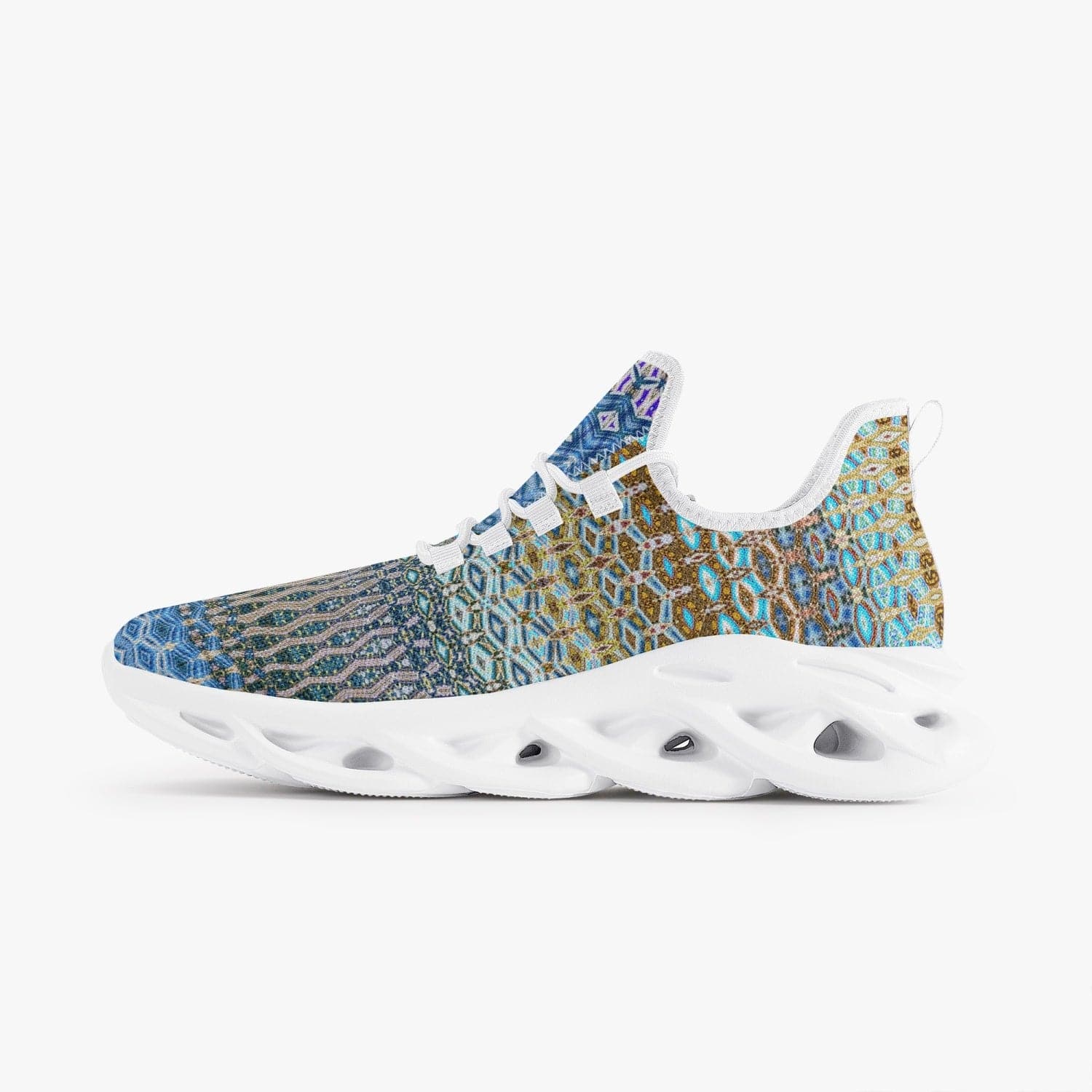 Multiple color patterned blue and mauve,  Bounce Mesh Knit Sneakers - White, by Sensus Studio Design