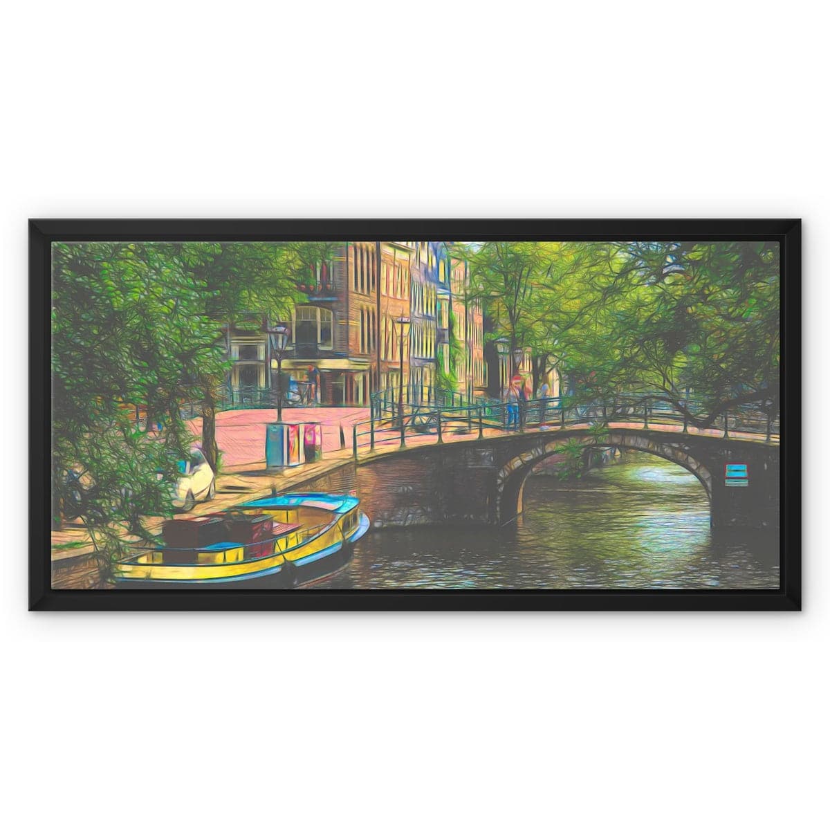 Boat and bridge in Amsterdam,  Framed Canvas, by Sensus Studio