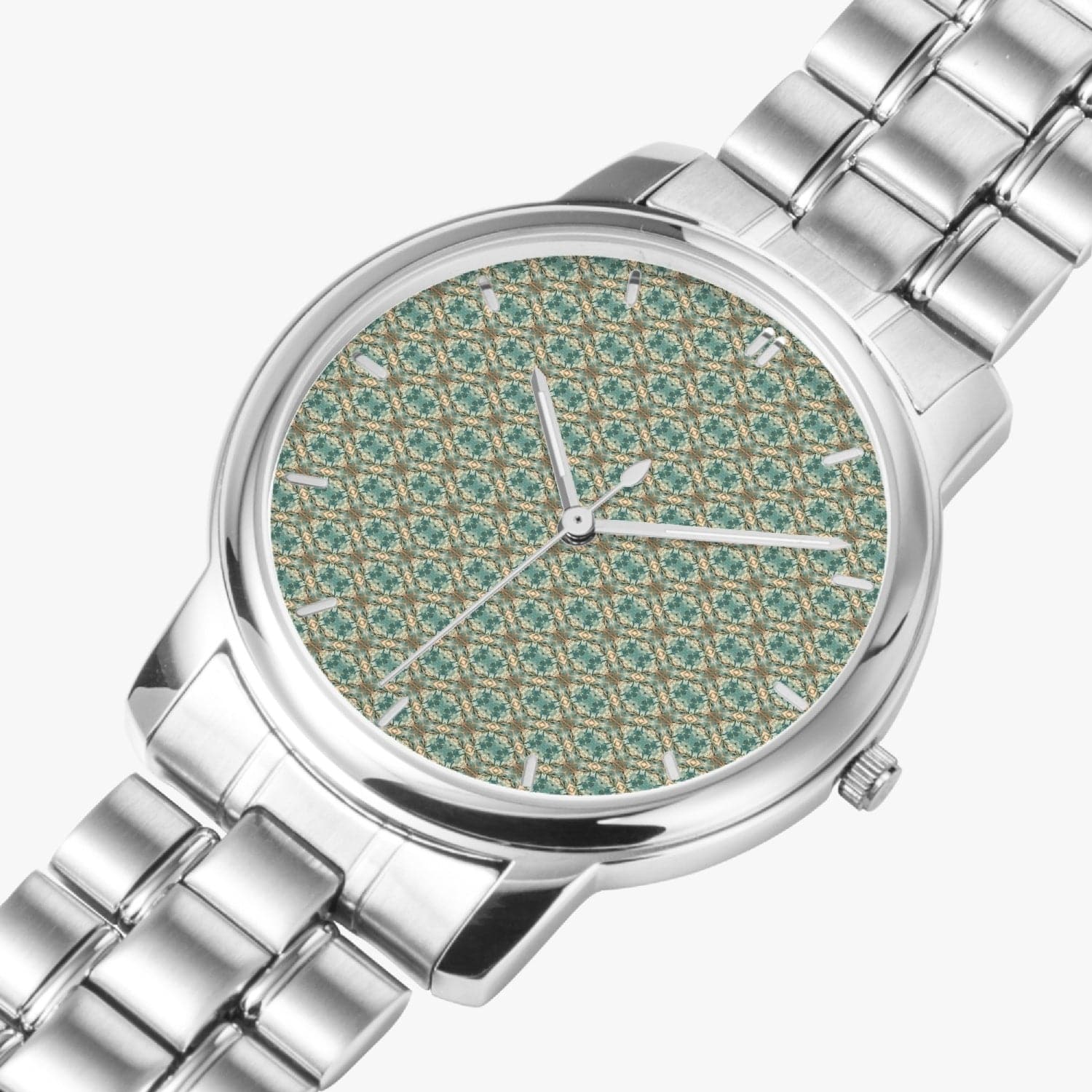 Beige and Blue fine Pattern Watch for Him/Her,  Folding Clasp Type Stainless Steel Quartz Watch (With Indicators)