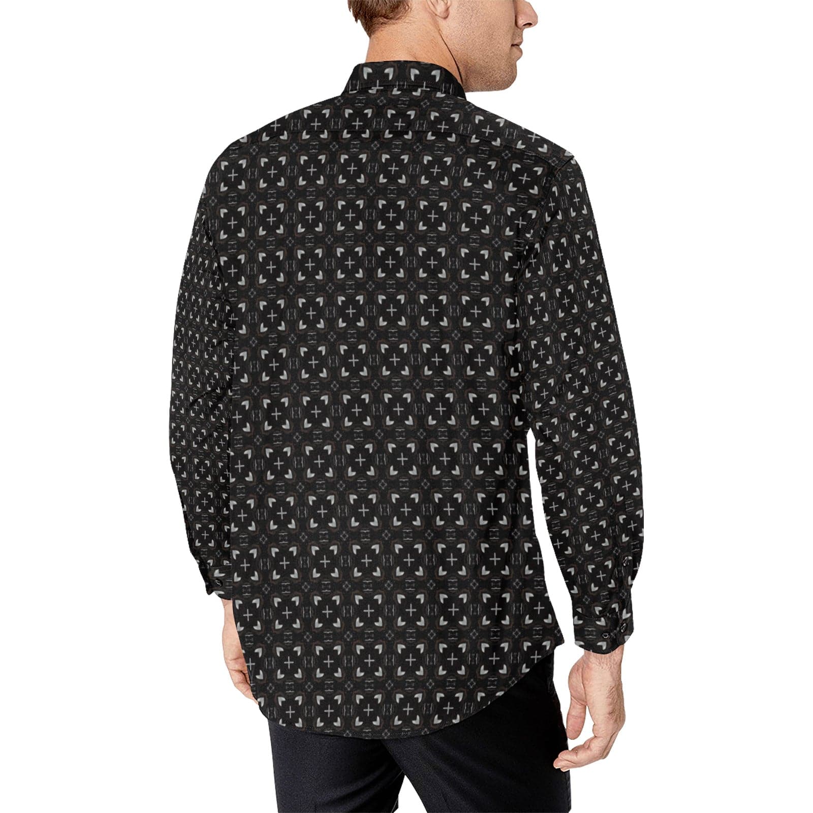 Black Shirt with Geometrical Squares Pattern for Men Long Sleeve Shirt (Without Pocket)
