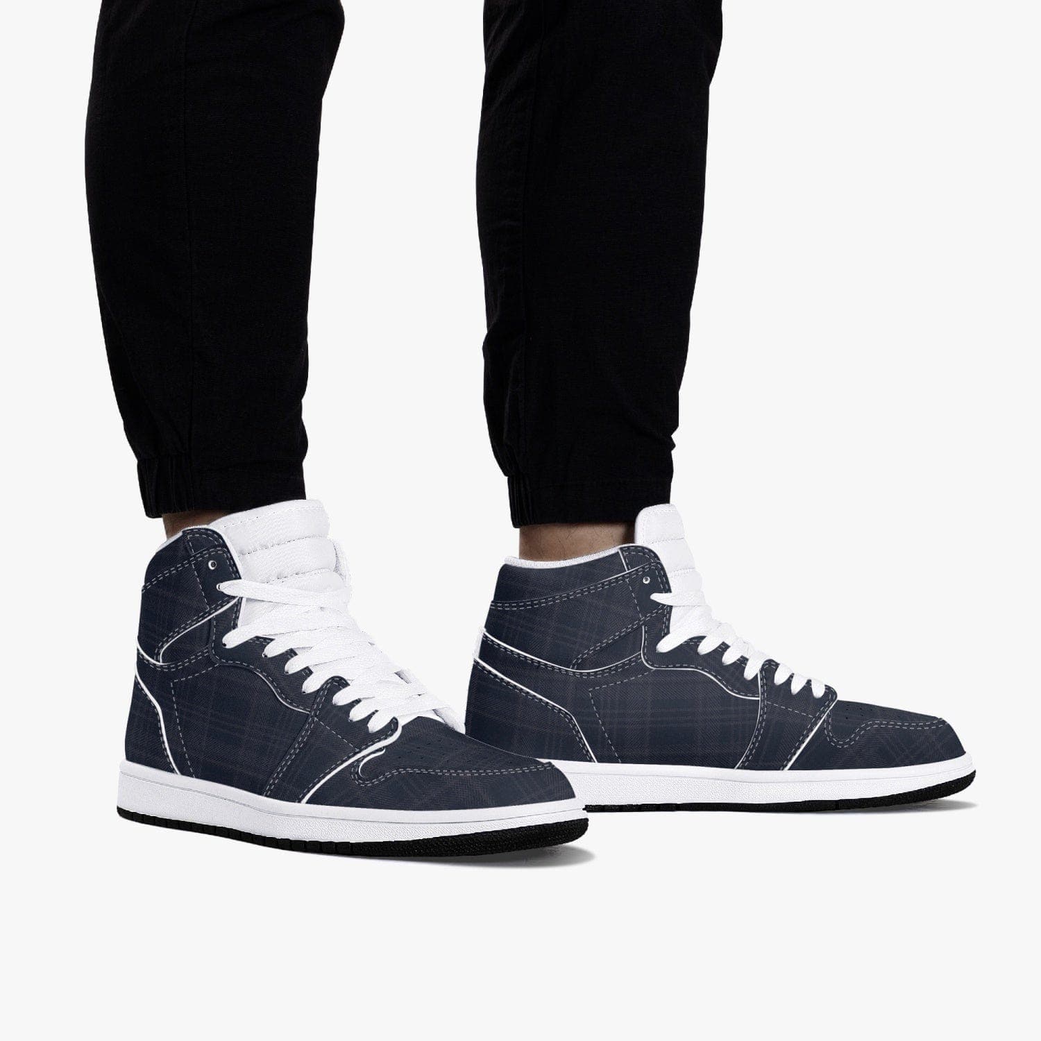 Navy Tartan,  New Black High-Top Leather Sneakers for men, designed by Sensus Studio Design