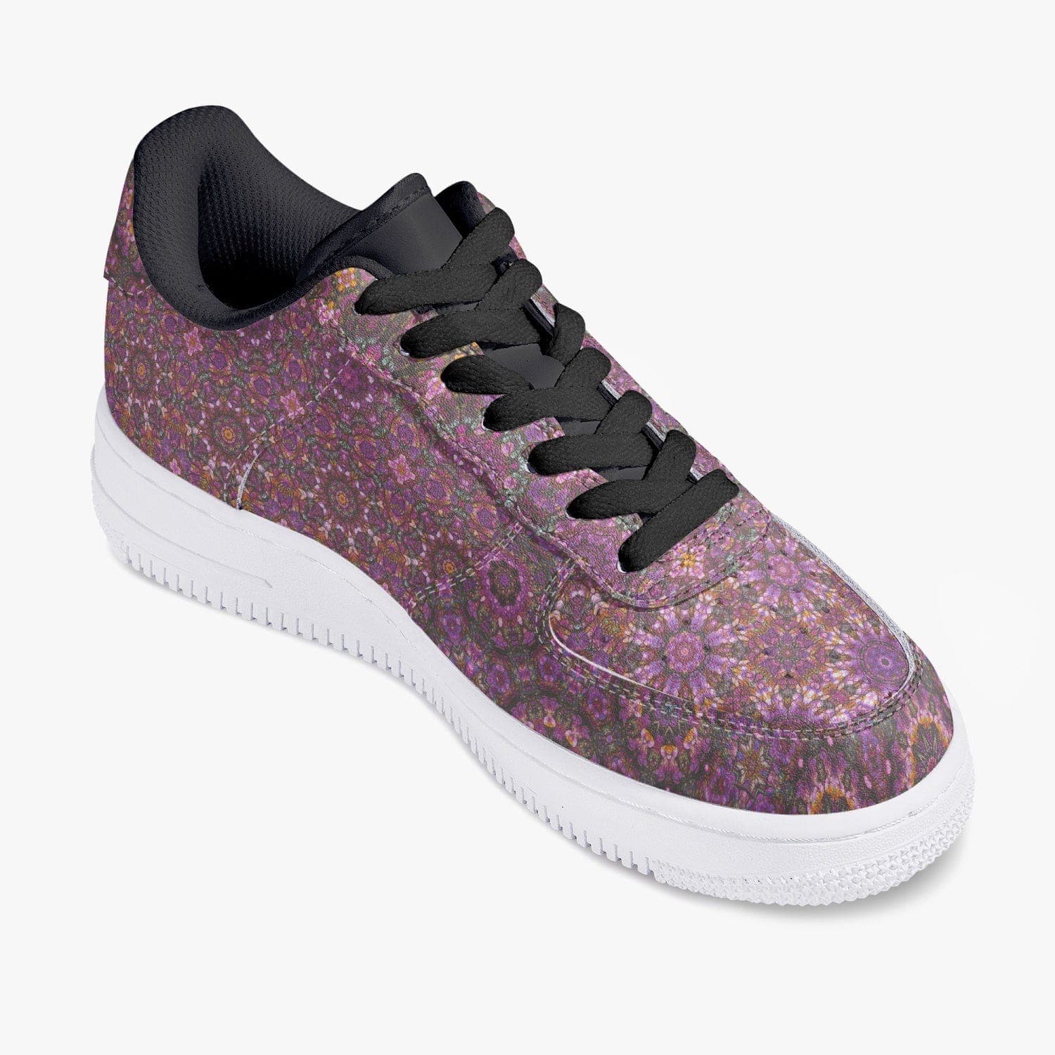 Pink blossom tree,  Black Low-Top Leather Sports Sneakers for women, designed by Sensus Studio Design