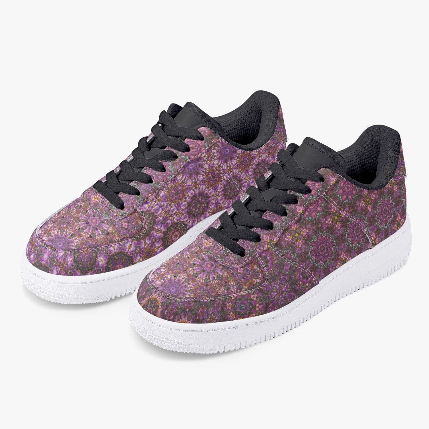 Pink blossom tree,  Black Low-Top Leather Sports Sneakers for women, designed by Sensus Studio Design