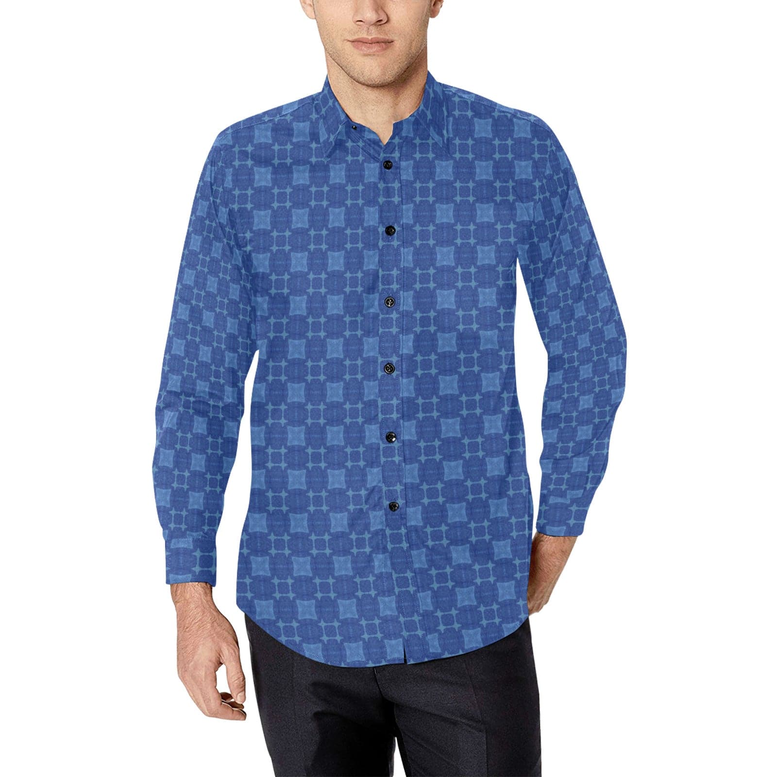 Dark Blue Geometrical Patterned Comfort Fit Shirt for Men Long Sleeve Shirt (Without Pocket)