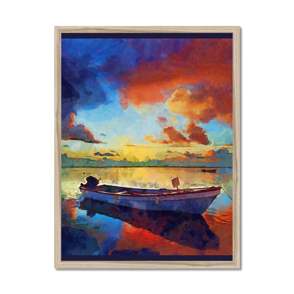 Boat at Orange Dawn in Lake Framed Print
