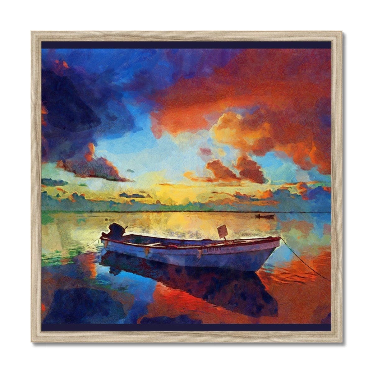 Boat at Orange Dawn in Lake Framed Print