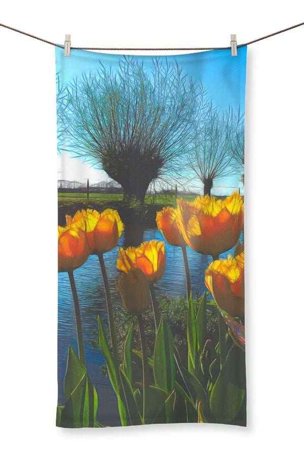 Yellow Tulips in Dutch landscape Towel