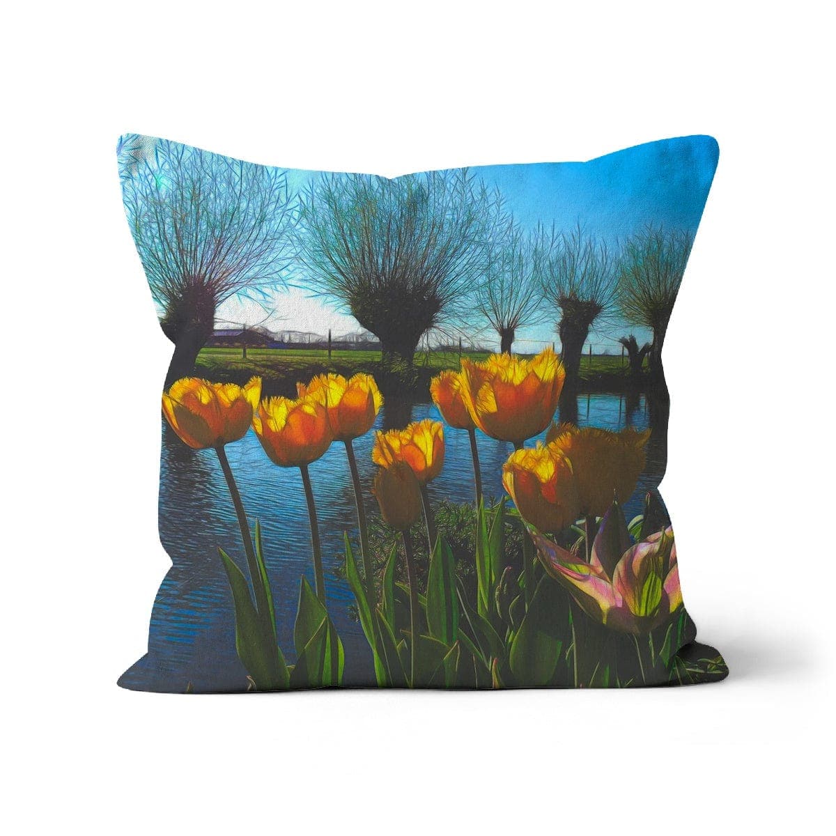 Yellow Tulips in Dutch landscape Cushion