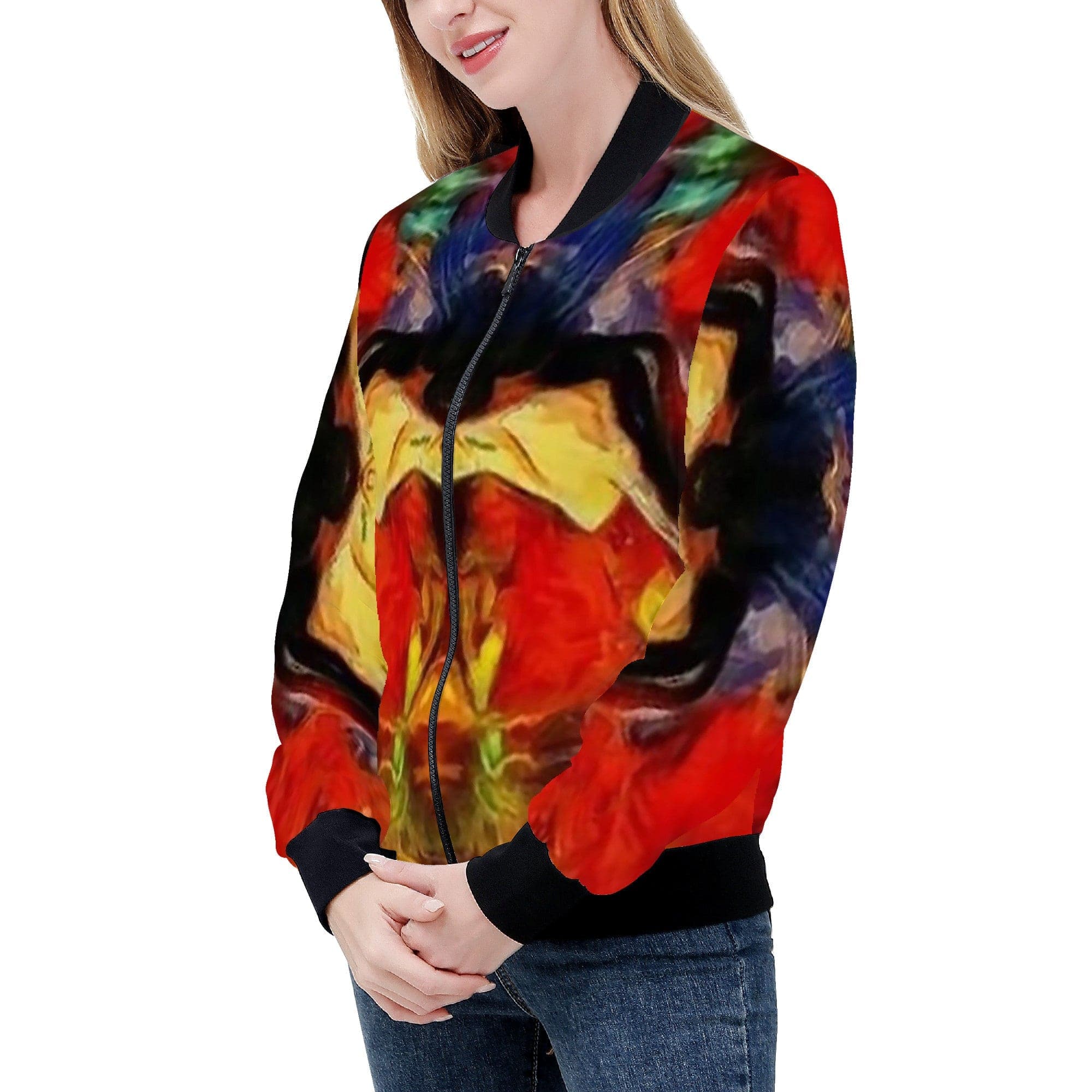 Fantastic Red with Yellow Artistic Pattern Women's Bomber Jacket by SENSUS STUDIO