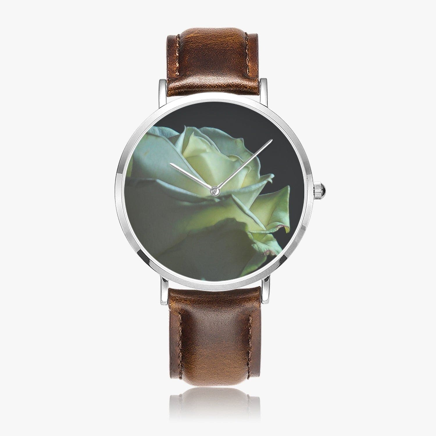 Tender white rose. Hot Selling Ultra-Thin Leather Strap Quartz Watch (Silver), Designer watch by Sensus Studio Design