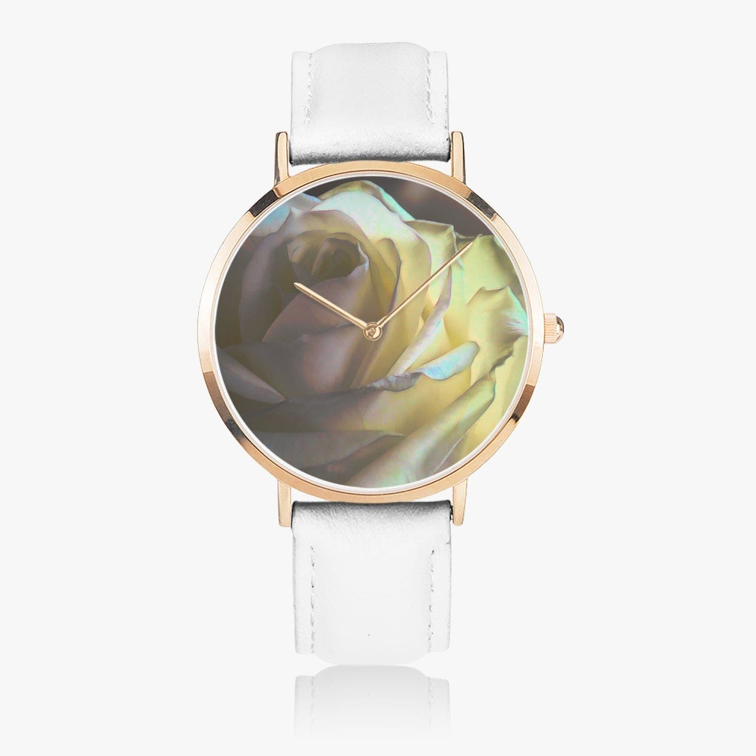 Shy white rose. Hot Selling Ultra-Thin Leather Strap Quartz Watch (Rose Gold) designed by Sensus Studio