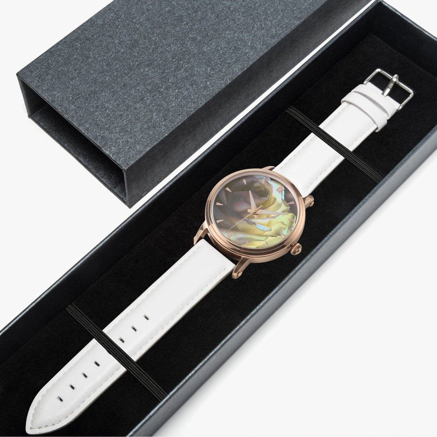 Shy white rose, designer 46mm Unisex Automatic Watch (Rose Gold), designed by Sensus Studio