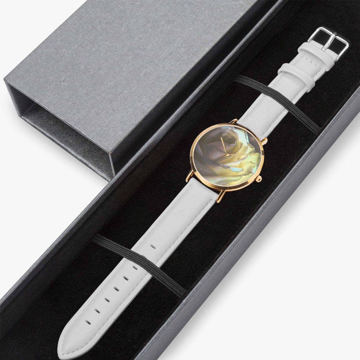 Shy white rose. Hot Selling Ultra-Thin Leather Strap Quartz Watch (Rose Gold) designed by Sensus Studio