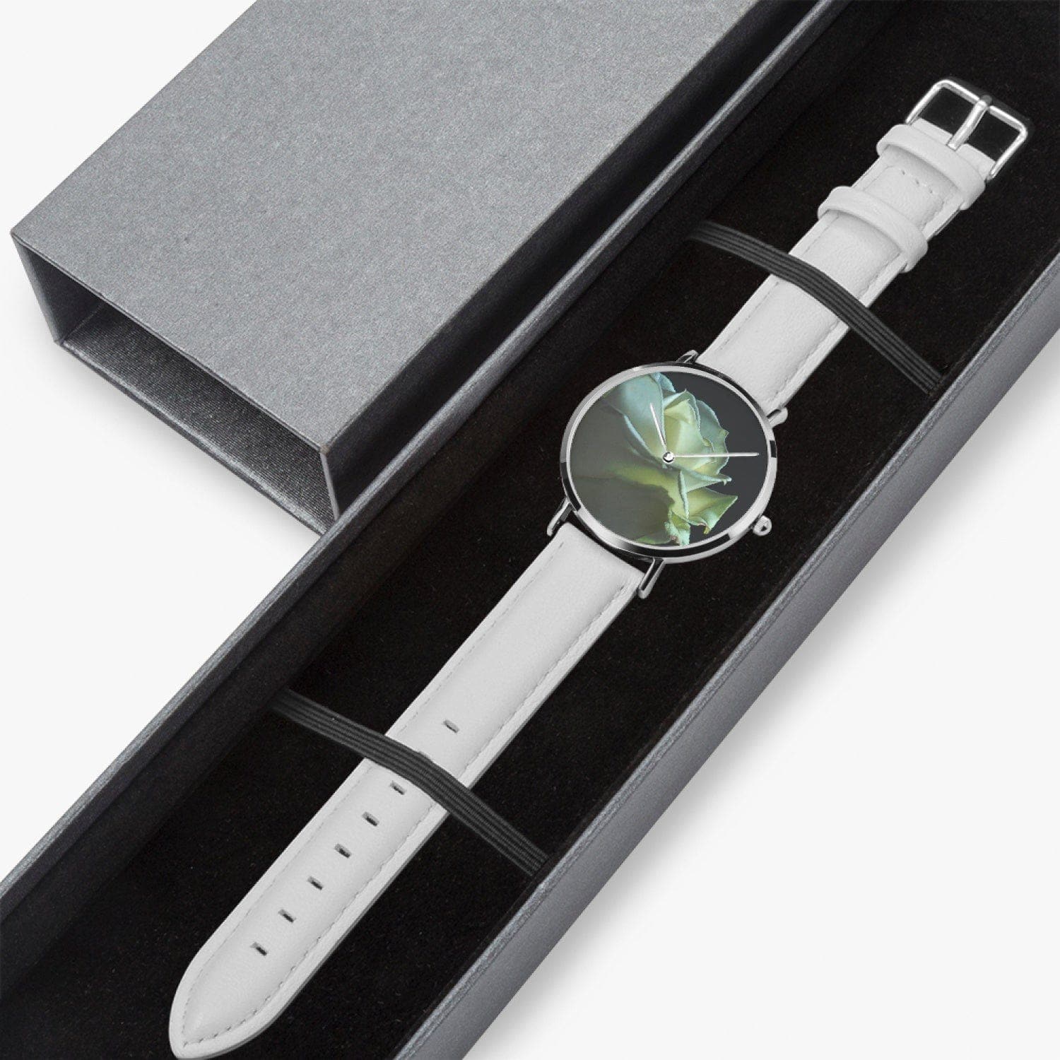 Tender white rose. Hot Selling Ultra-Thin Leather Strap Quartz Watch (Silver), Designer watch by Sensus Studio Design