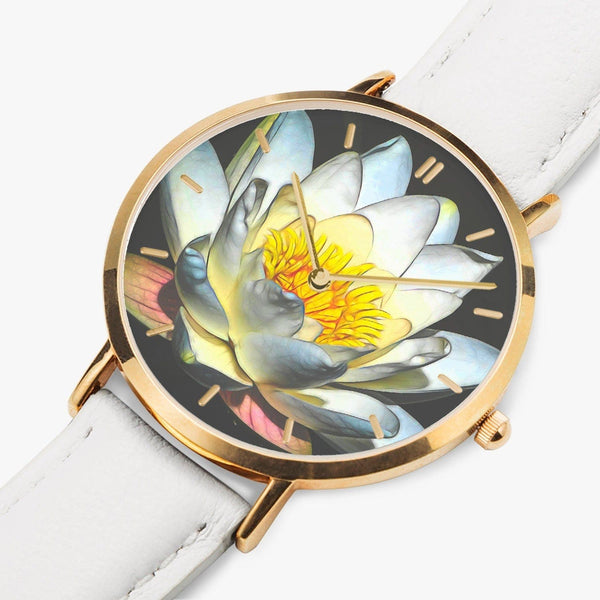 Water lilly, designed Hot Selling Ultra-Thin Leather Strap Quartz Watch (Rose Gold With Indicators) by Sensus Studio Design
