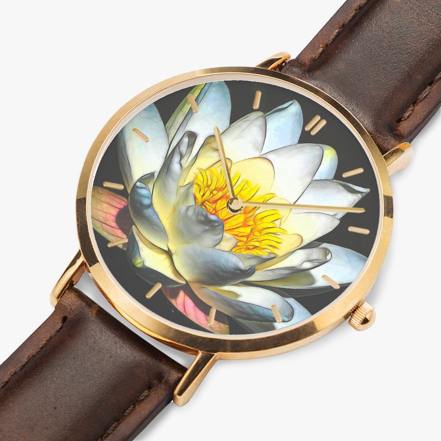 Water lilly, designed Hot Selling Ultra-Thin Leather Strap Quartz Watch (Rose Gold With Indicators) by Sensus Studio Design