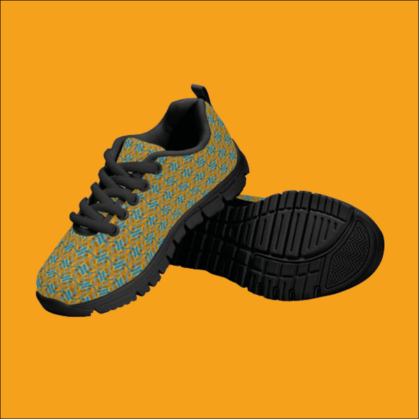 Yellow and Blue Wiggle,  Kids' Lightweight Mesh Sneakers - Black, by Sensus Studio Design