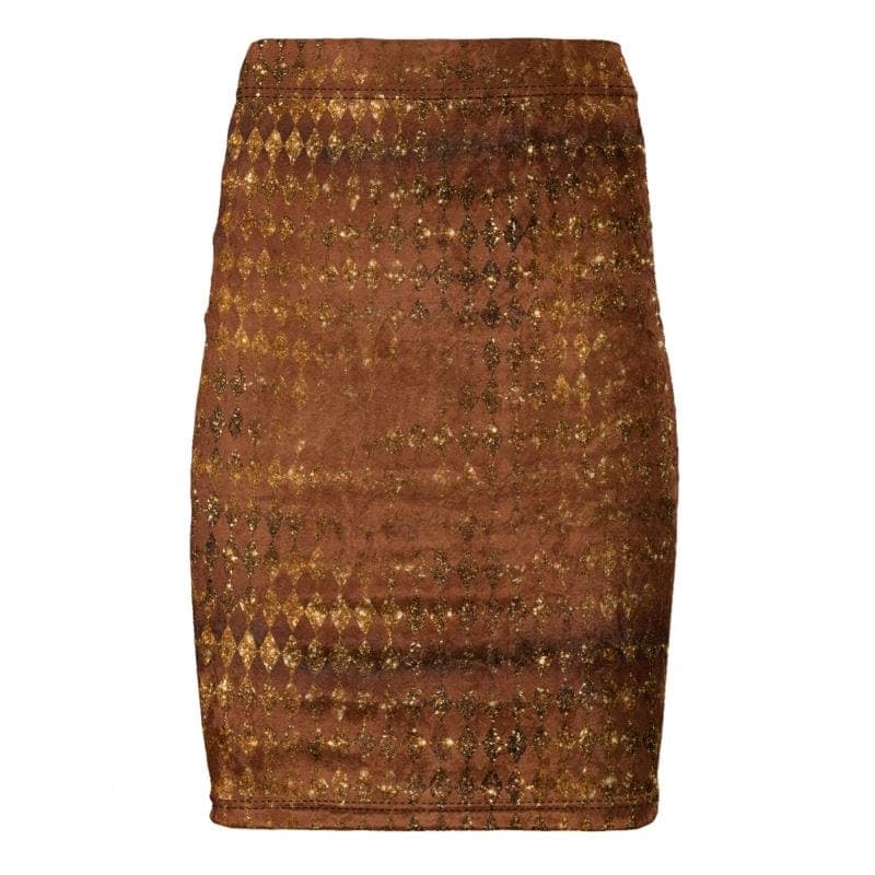 Deluxe Designer Marilyn Gold Sparkles on Warm Brown Pencil Skirt