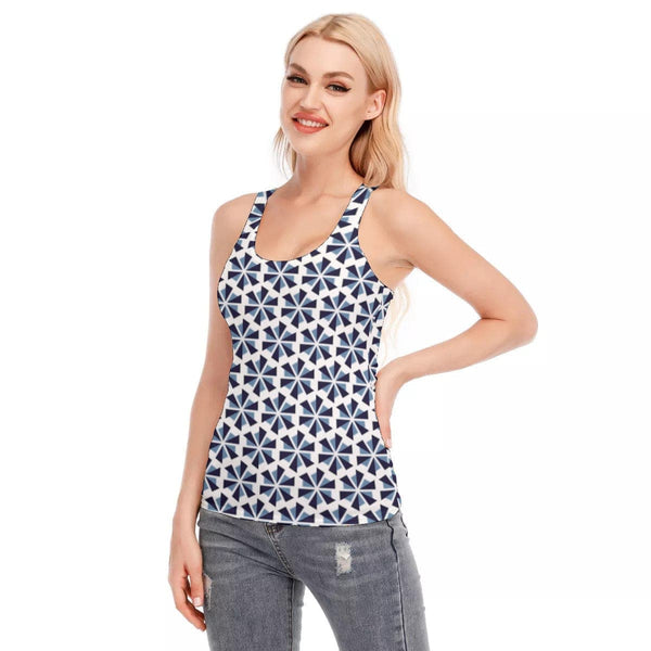 Blue and White Patterned Racerback Tank Top | Cotton | for Women