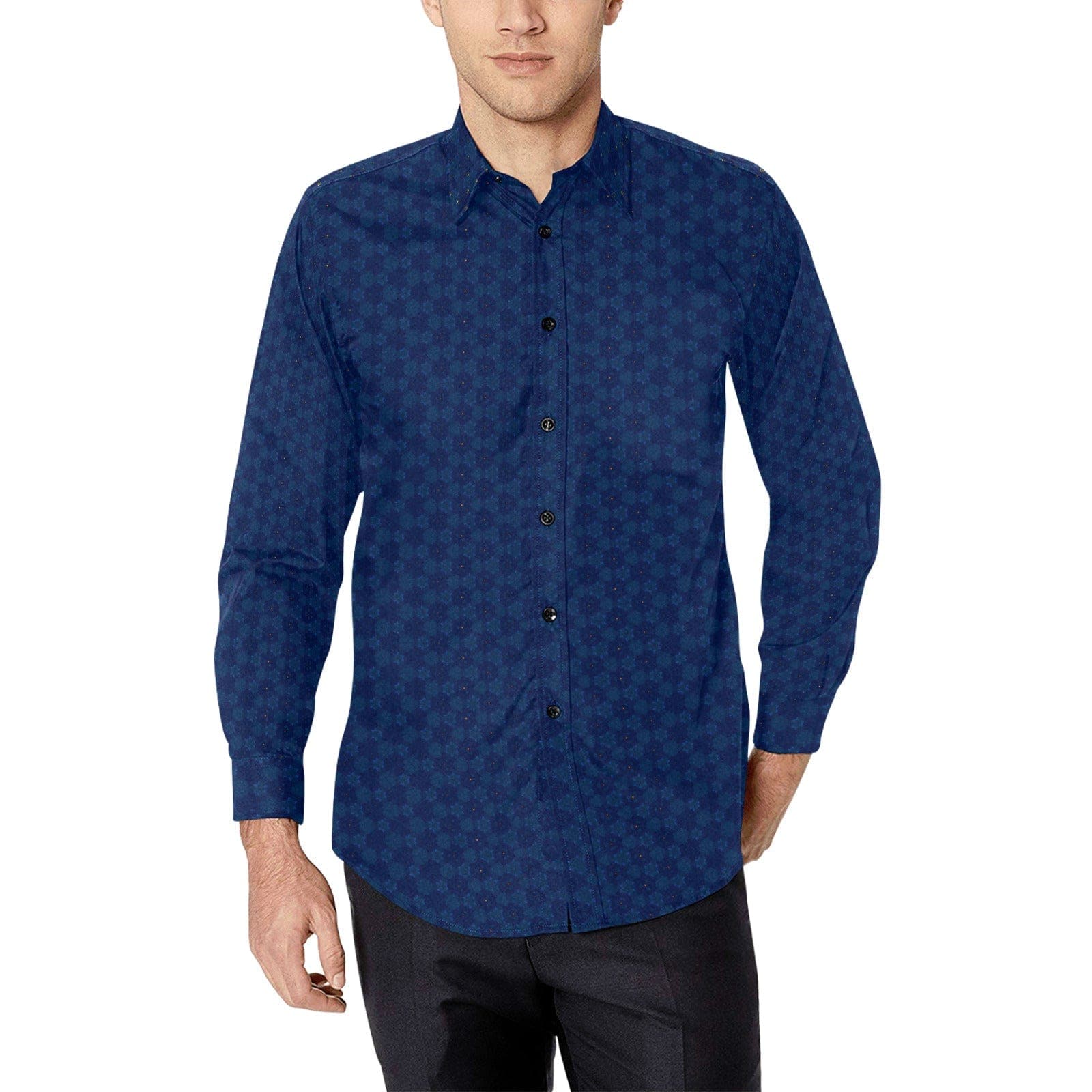 Deep Night Blue with Octagonal Bluer Patterned Shirt for Men Long Sleeve Shirt (Without Pocket)