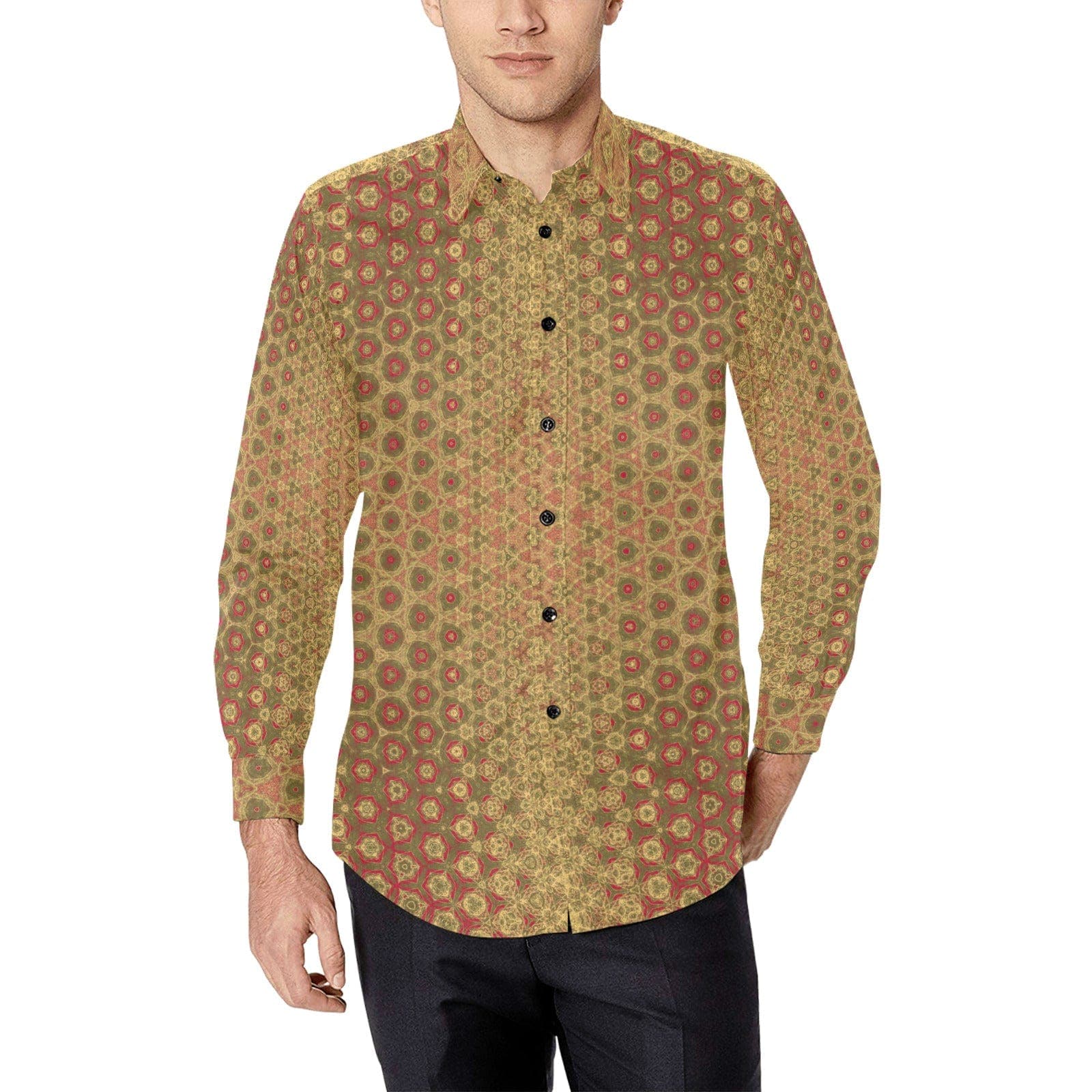Summernight City Orange with Green Fantasy Patterned Party Shirt for Men Long Sleeve Shirt (Without Pocket)