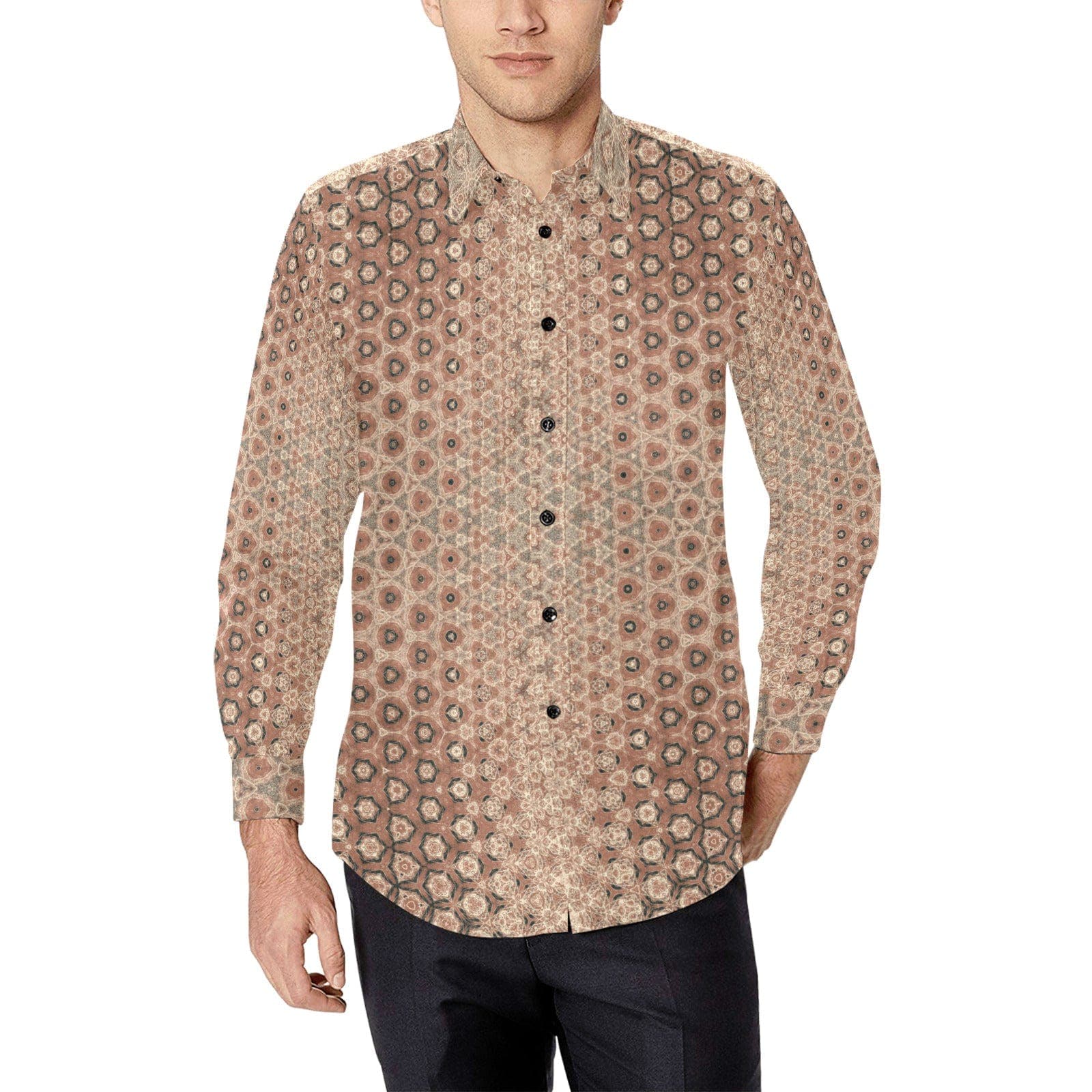 Summernight City Peach and Brown Fantasy Patterned Party Shirt for Men  Long Sleeve Shirt (Without Pocket)