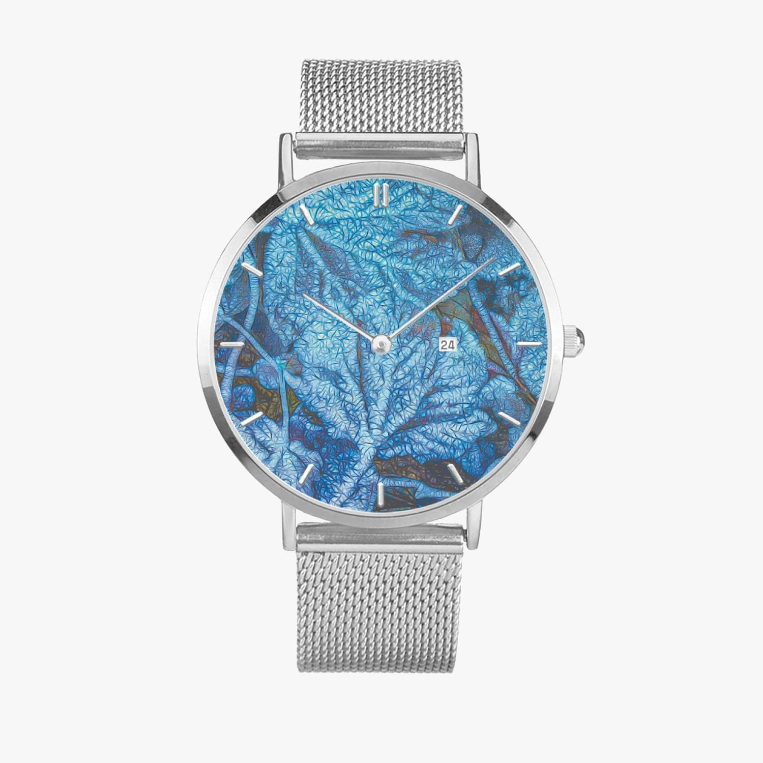 Frozen blue leafs. Stainless Steel Perpetual Calendar Quartz Watch (With Indicators), by Sensus Studio Design
