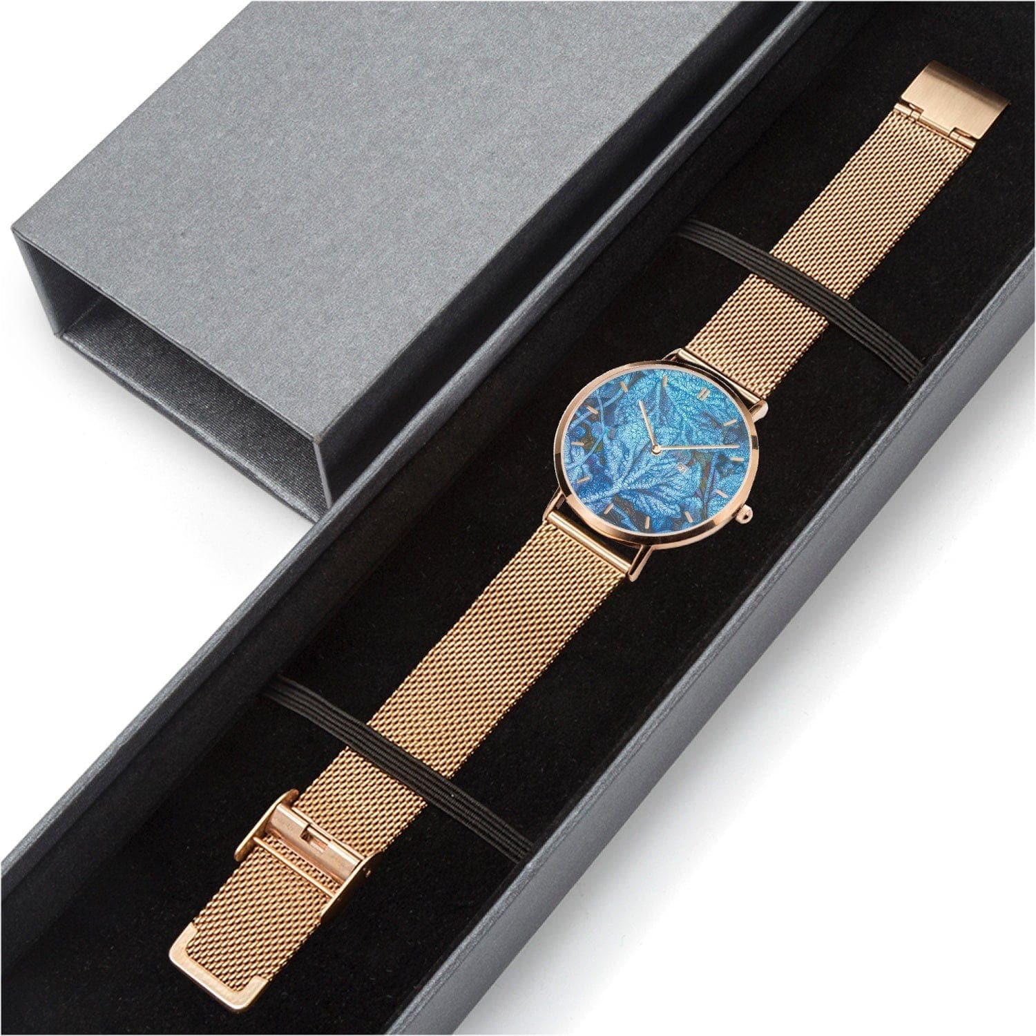 Frozen blue leafs. Stainless Steel Perpetual Calendar Quartz Watch (With Indicators), by Sensus Studio Design