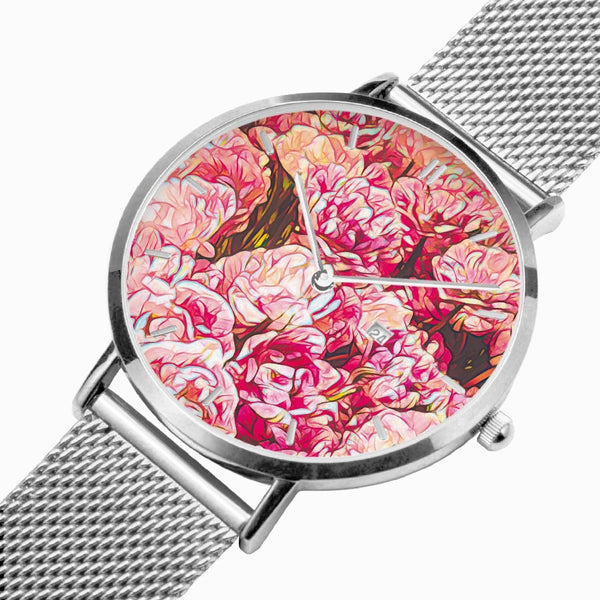 Pink tulips. Stainless Steel Perpetual Calendar Quartz Watch (With Indicators), by Sensus Studio Design