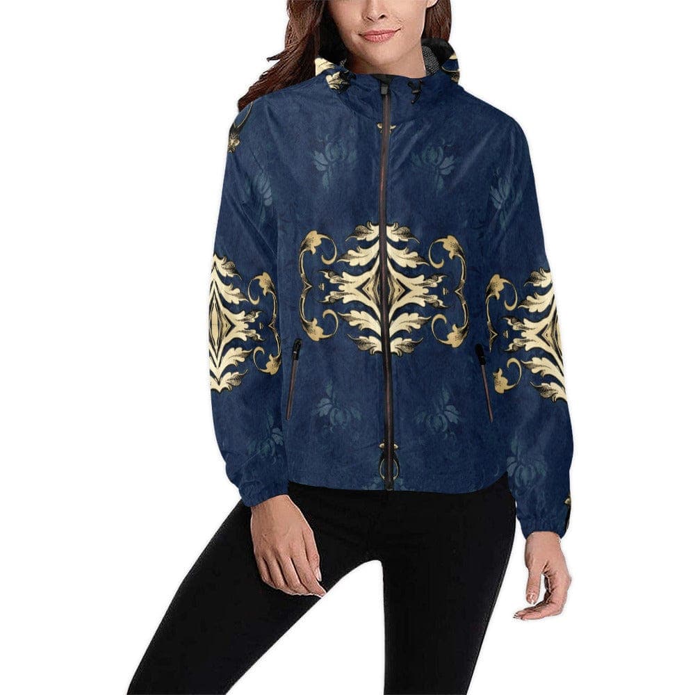 Unisex Luxurious Ink and Gold Colored Patterned Hooded Longsleeve Windbreaker