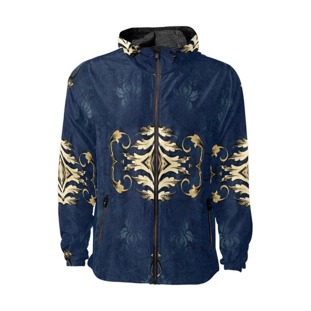 Unisex Luxurious Ink and Gold Colored Patterned Hooded Longsleeve Windbreaker
