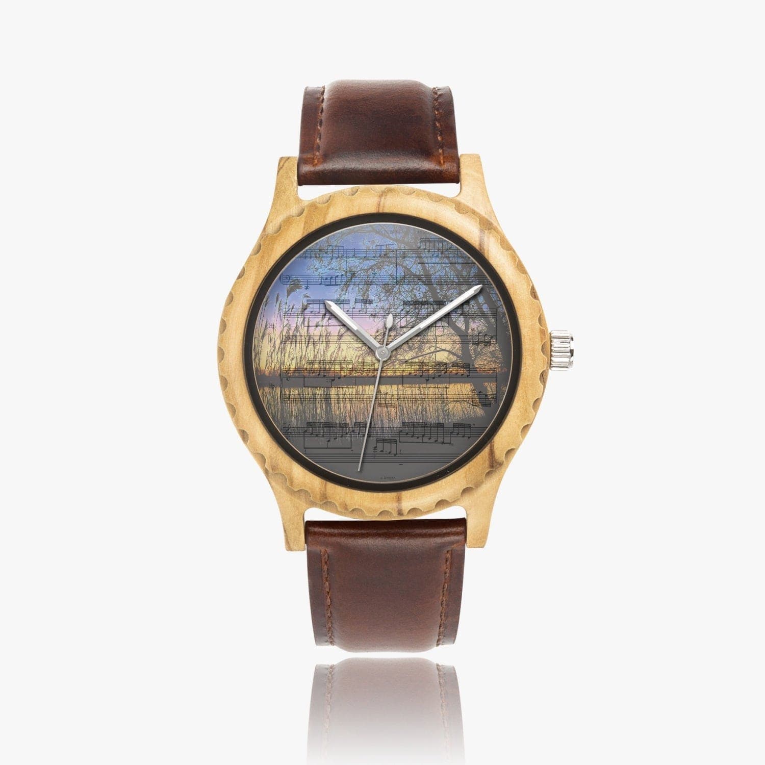 Tango in the dawn. Italian Olive Lumber Wooden Watch - Leather Strap. Designer watch by Sensus Studio Design
