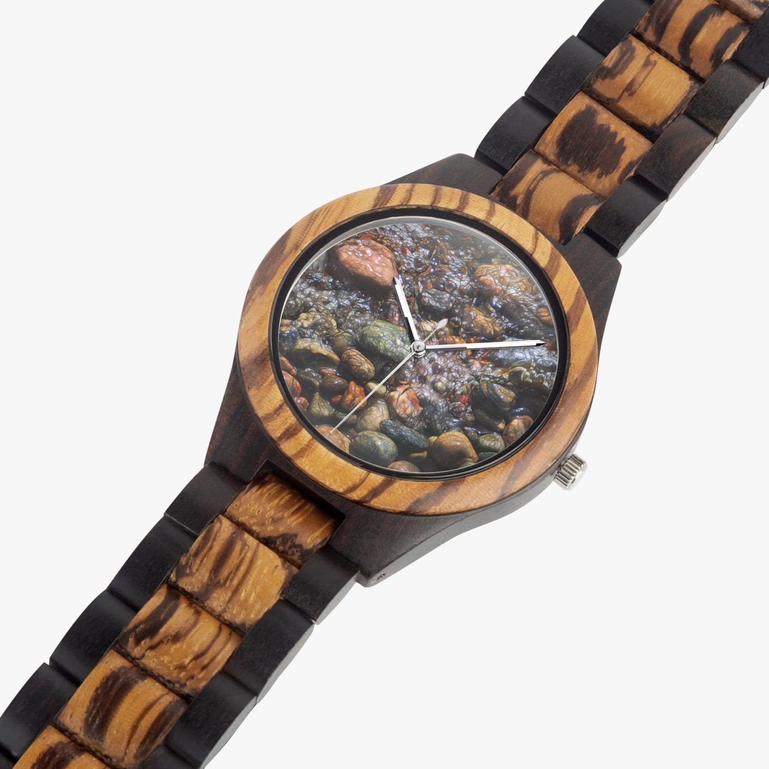 Wet cobble stones.  Ebony Wooden Watch.  Designer watch by Ingrid Hütten