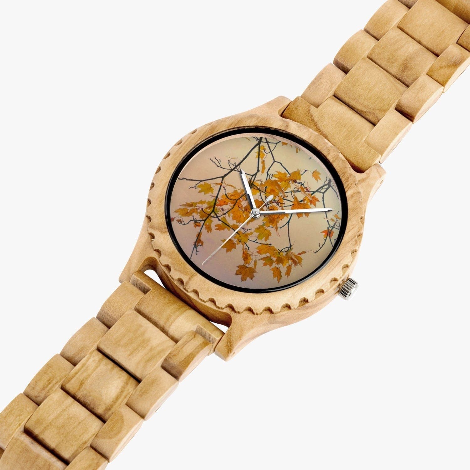 Yellow Maple leafes.  Italian Olive Lumber Wooden Watch. Designer watch by Sensus Studio Design
